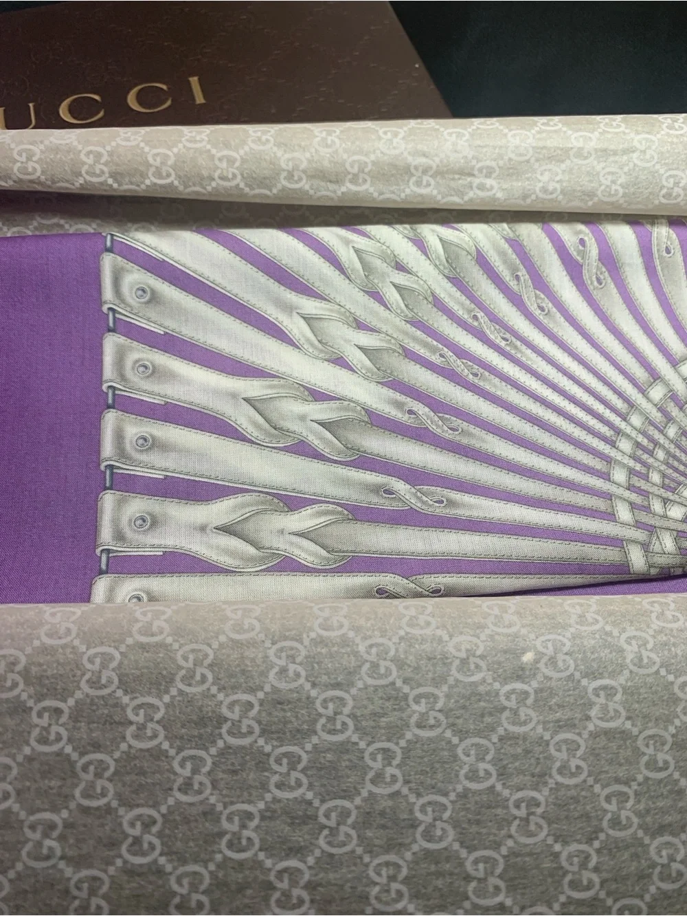 Gucci Purple Silk Scarf with Silver Accent Pattern